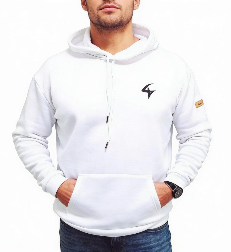 White hoodie with a logo on a white background