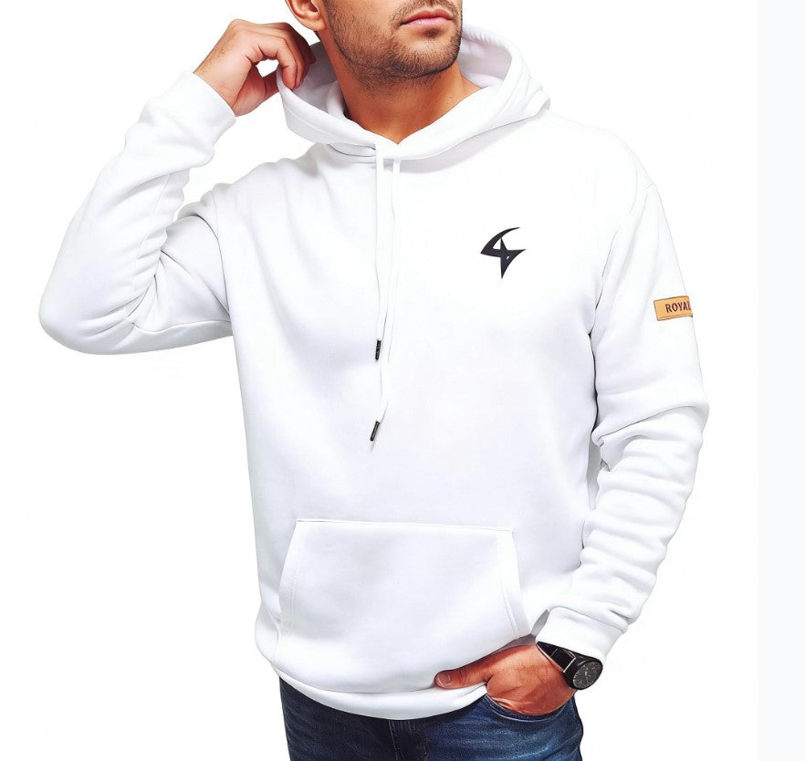 White hoodie with a logo on a white background
