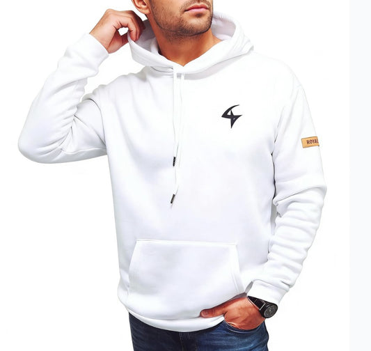 White hoodie with a logo on a white background