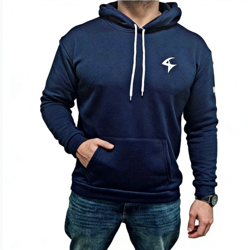 Navy blue hoodie with a logo on the chest against a white background
