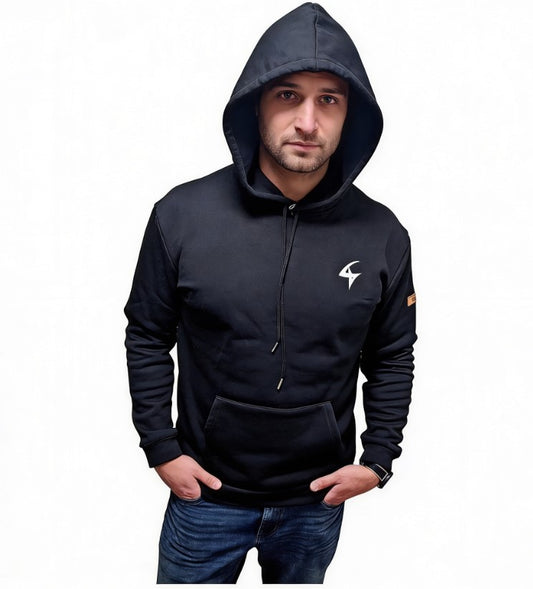Man wearing a black hoodie with a logo on a white background