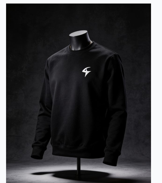 Black sweatshirt with a white logo on a mannequin against a dark background