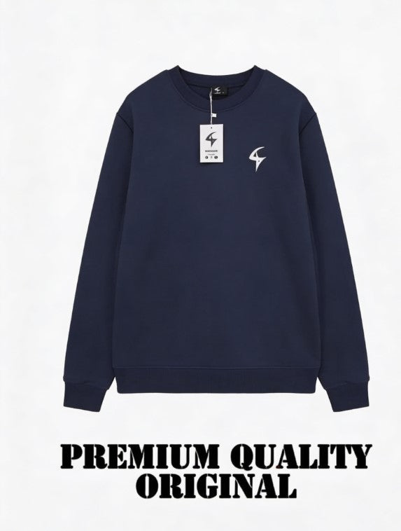 Navy blue sweatshirt with a brand tag on a light gray background