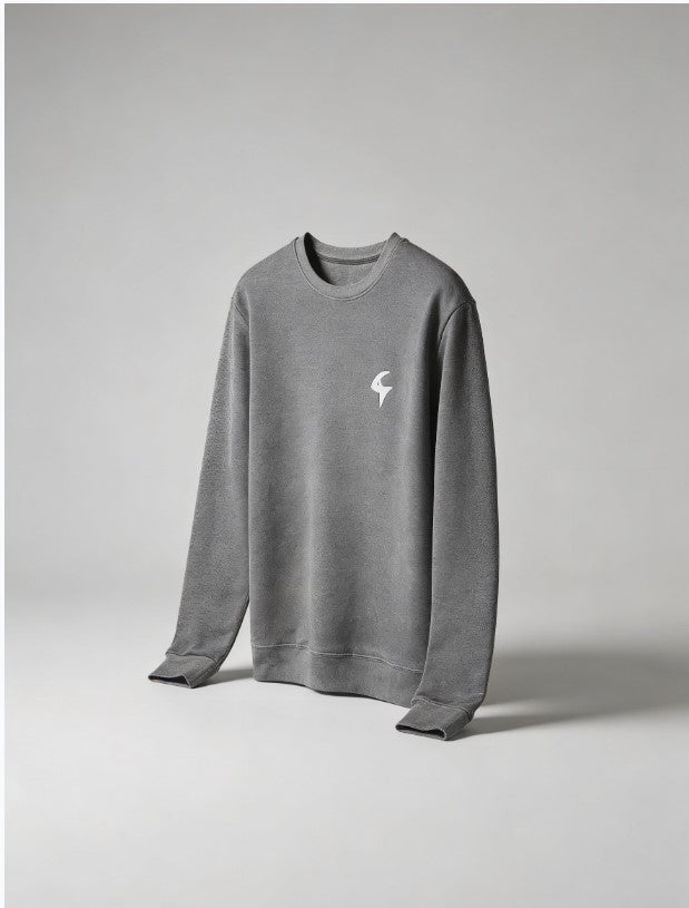 Gray sweatshirt with a white logo on a gray background