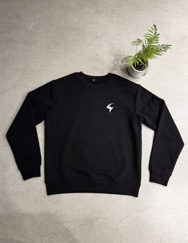 Black sweatshirt with a small white logo on a gray surface with a plant.