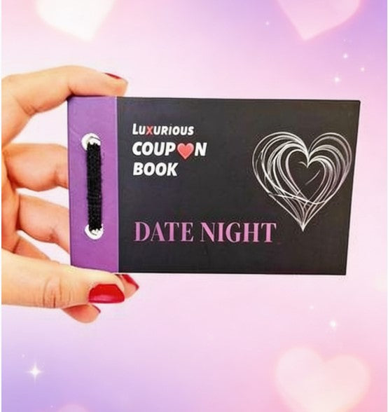 Hand holding a 'Luxurious Coupon Book Date Night' against a pink background with heart designs.