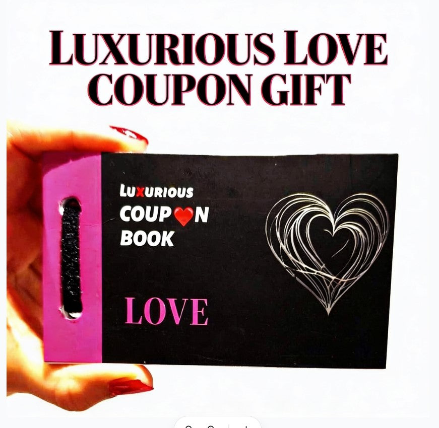 Black book titled 'Luxurious Love Coupon Book' held by a hand with pink nail polish.