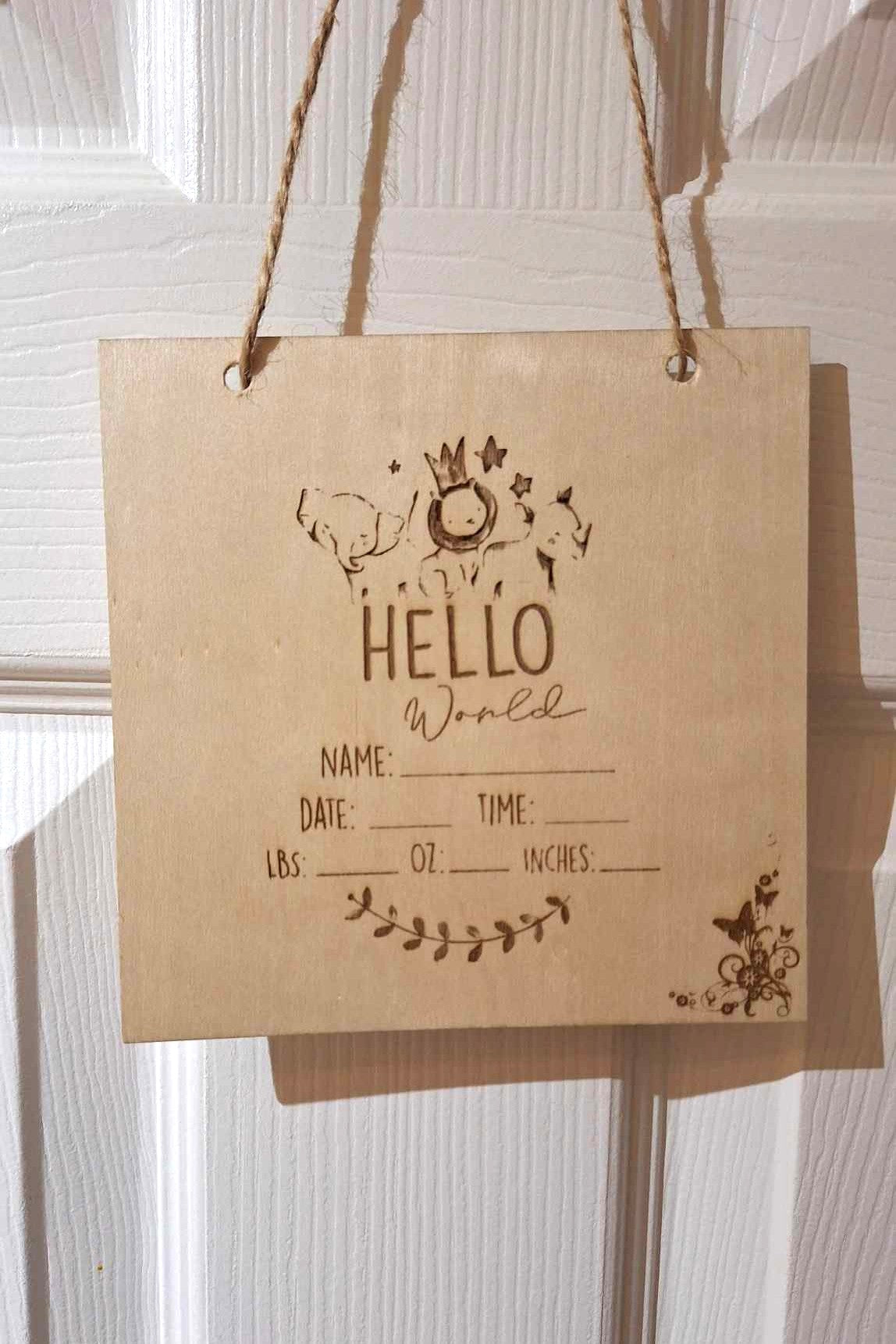 hello world plaque, personalised baby announcement